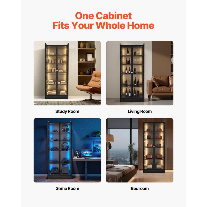 Black MDF Glass Display Cabinet 5-Tier with LED Lighting and Doors - 27.56 × 13.39 × 66.93 inch