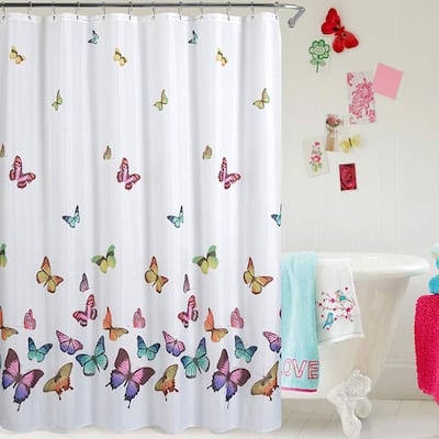 Polyester Waterproof Shower Curtain with 12 Hooks (White Butterfly)