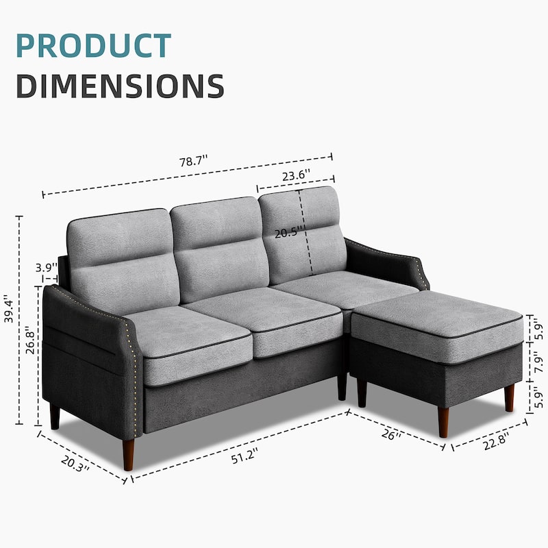 Futzca 78” L Shaped Sofa Couch with Ottoman and Side Storage Bag
