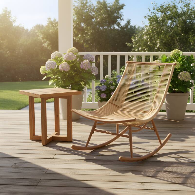 Christopher Knight Home - Modern Outdoor Metal Frame Woven Arc Rocking Chair and Solid Acacia Wood Side Table Set - 2-Piece Set - Brown+Beige+Teak Finish