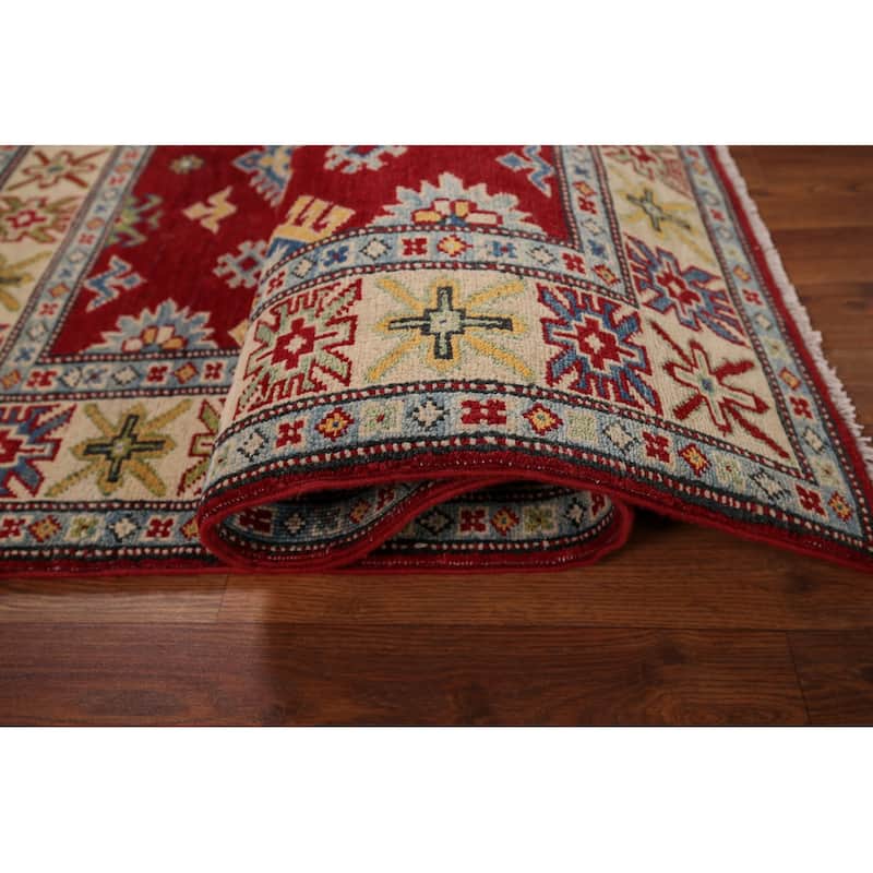 Red Geometric Kazak Accent Rug Handmade Traditional Wool Carpet - 3'5" x 5'0"