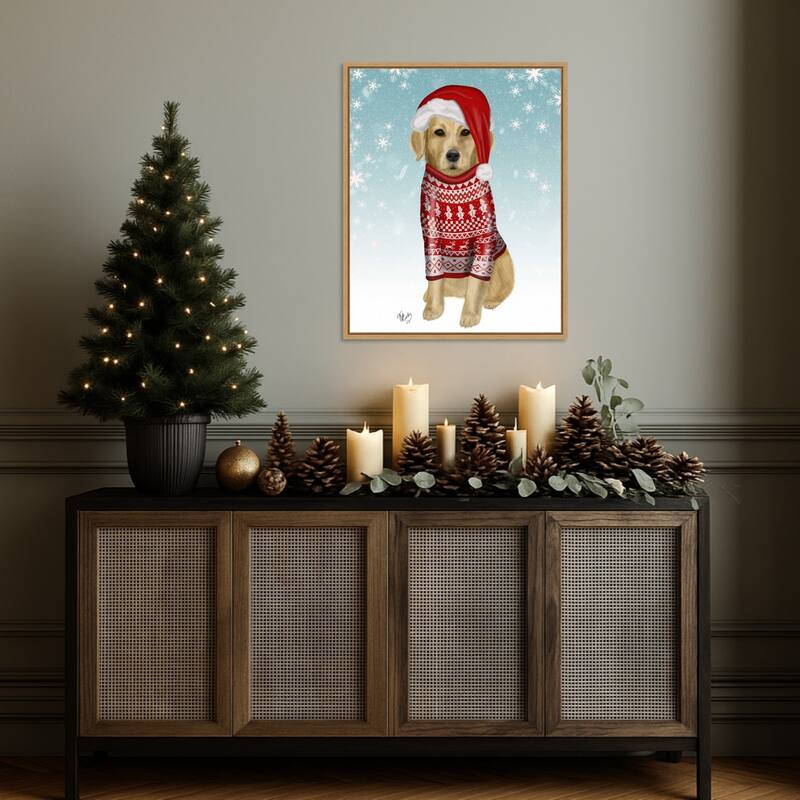 Golden Retriever in Christmas Sweater by Fab Funky (23 x 28 in.), Framed Canvas Wall Art Print - Sylvie Natural