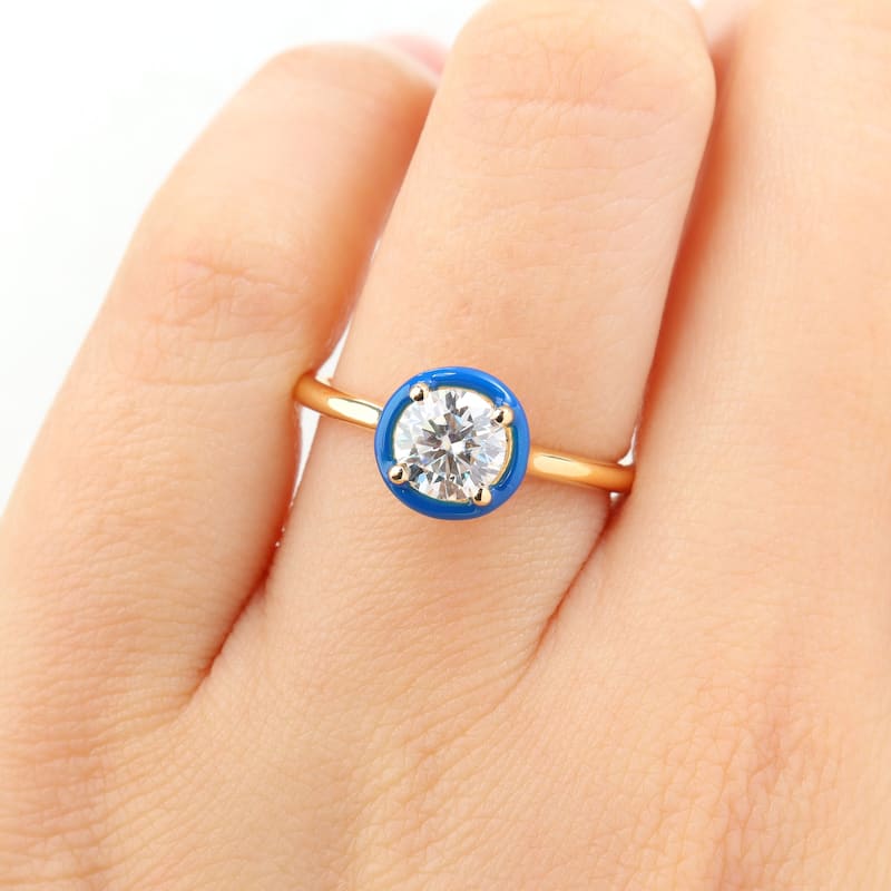 Miadora 3/4ct DEW Moissanite with Blue Enamel Solitaire Engagement Ring in Yellow Silver