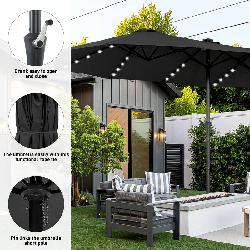 15ft Patio Umbrella Outdoor Market Umbrella with Base and LED Lights