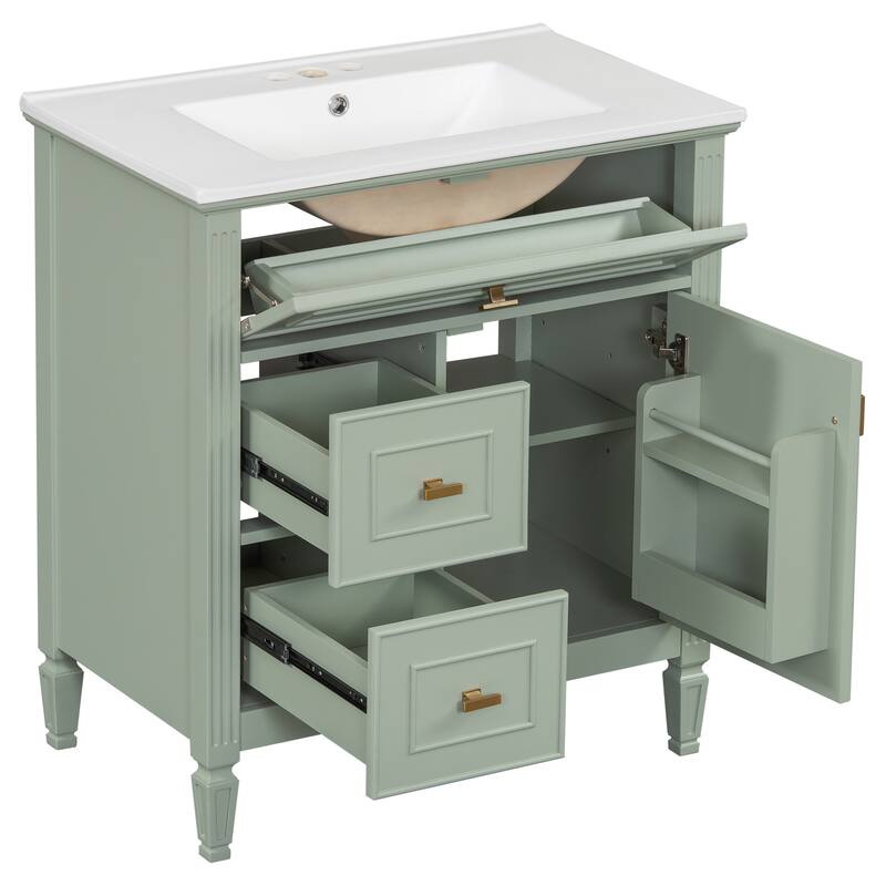Roomfitters 30" Bathroom Vanity with Ceramic Sink, Solid Wood Frame with Flip Drawer, 2 Side Drawers & Adjustable Shelf
