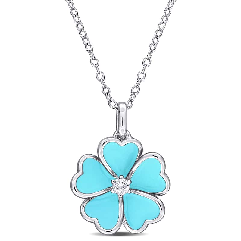 Miadora 1/10ct TGW White Topaz Light Blue Enamel Plated Flower Pendant with Chain in Sterling Silver