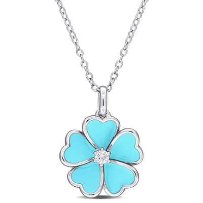 Miadora 1/10ct TGW White Topaz Light Blue Enamel Plated Flower Pendant with Chain in Sterling Silver