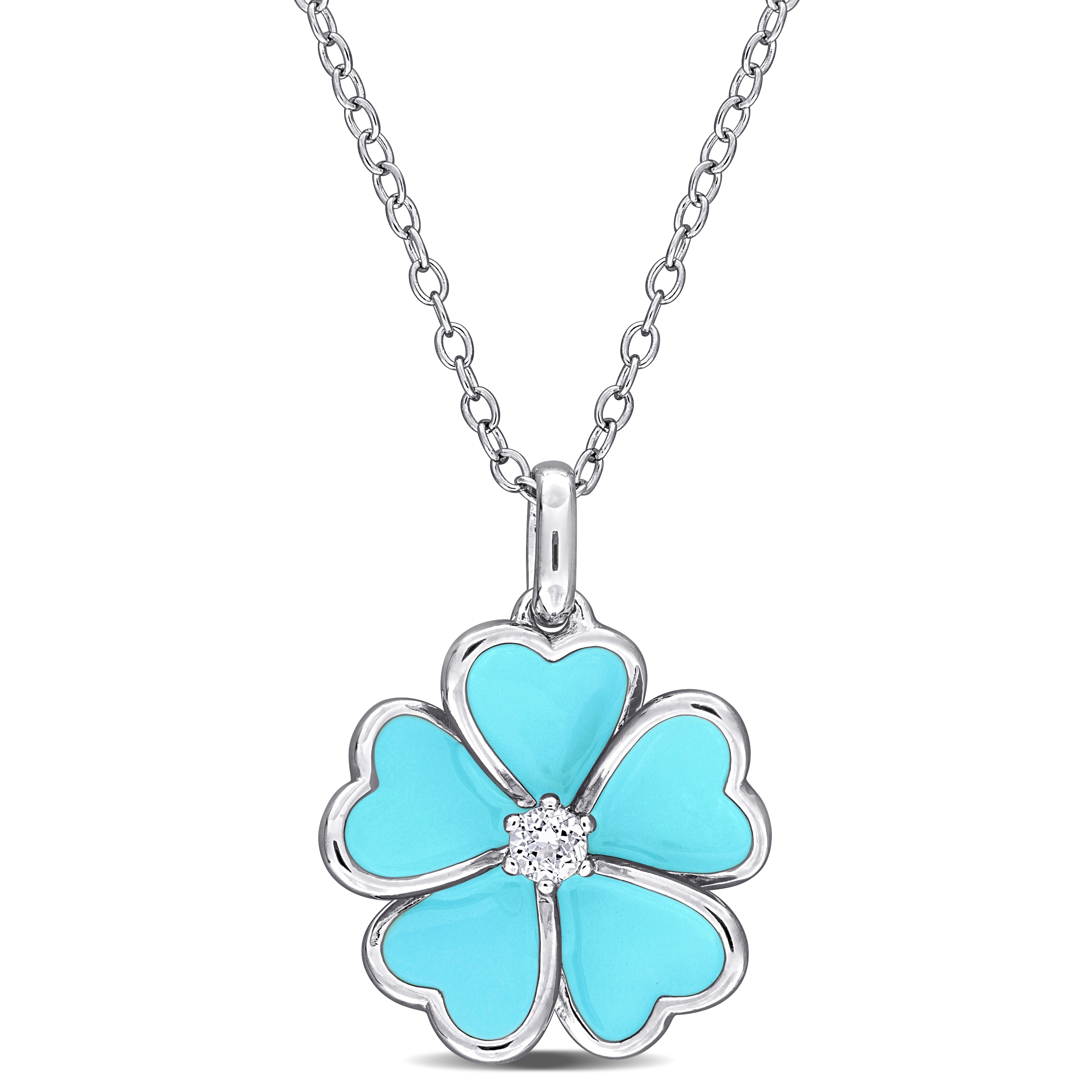 Miadora 1/10ct TGW White Topaz Light Blue Enamel Plated Flower Pendant with Chain in Sterling Silver