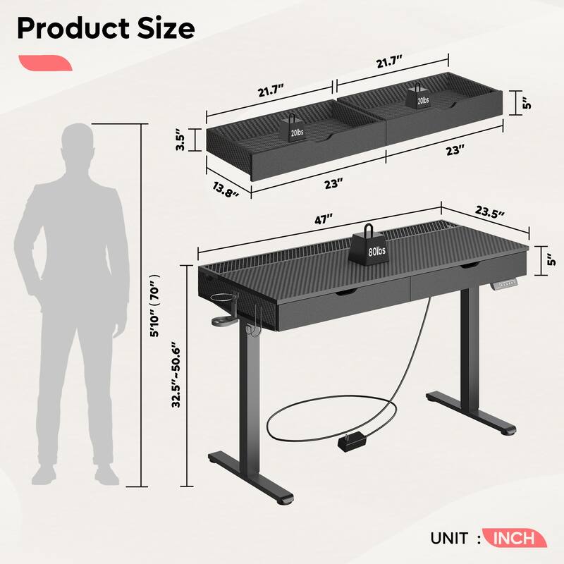 Standing Desk Electric Height Adjustable Gaming Desk with Drawer USB Port and LED Light Computer Desk