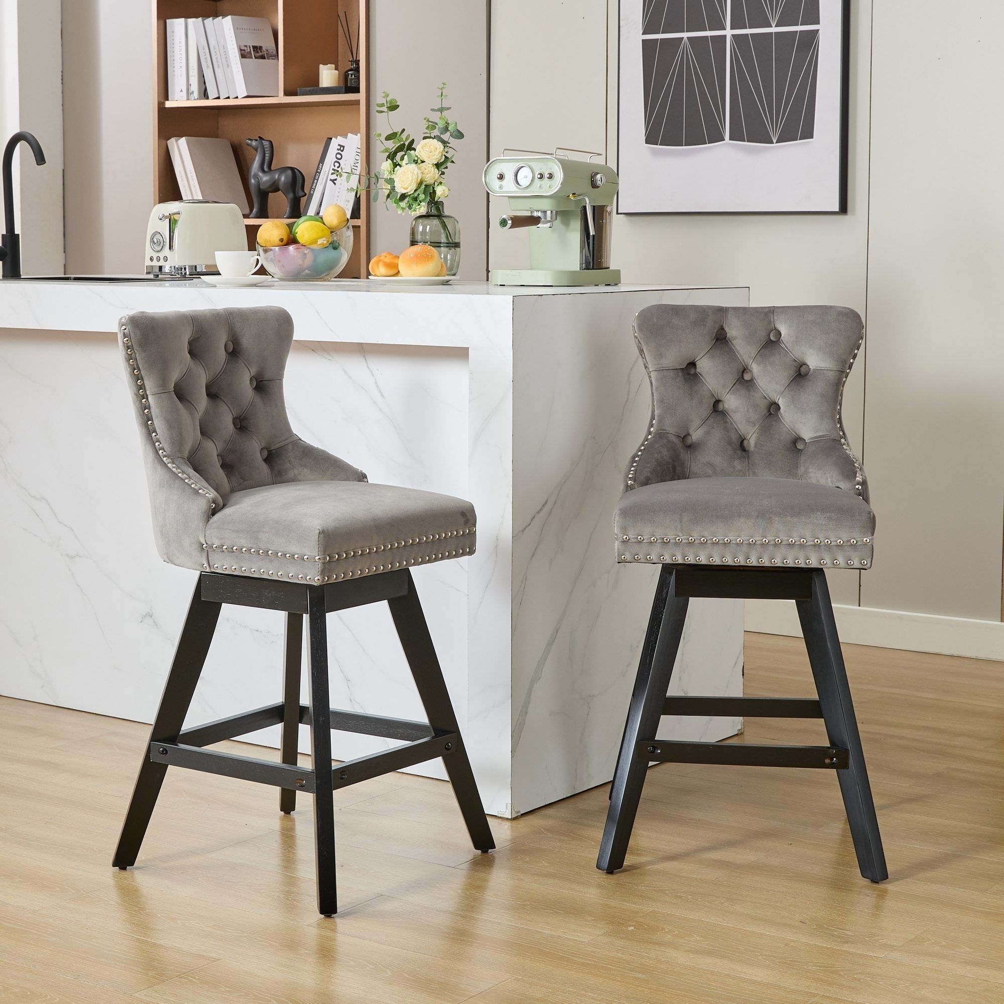 Swivel Velvet Barstools with Tufted Back and Wooden Legs, Set of 2