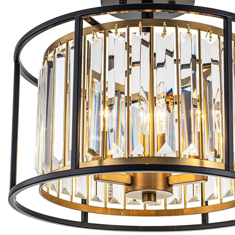 3-Light Crystal Black and Brass Drum Semi-flush Ceiling Light - 14.0in