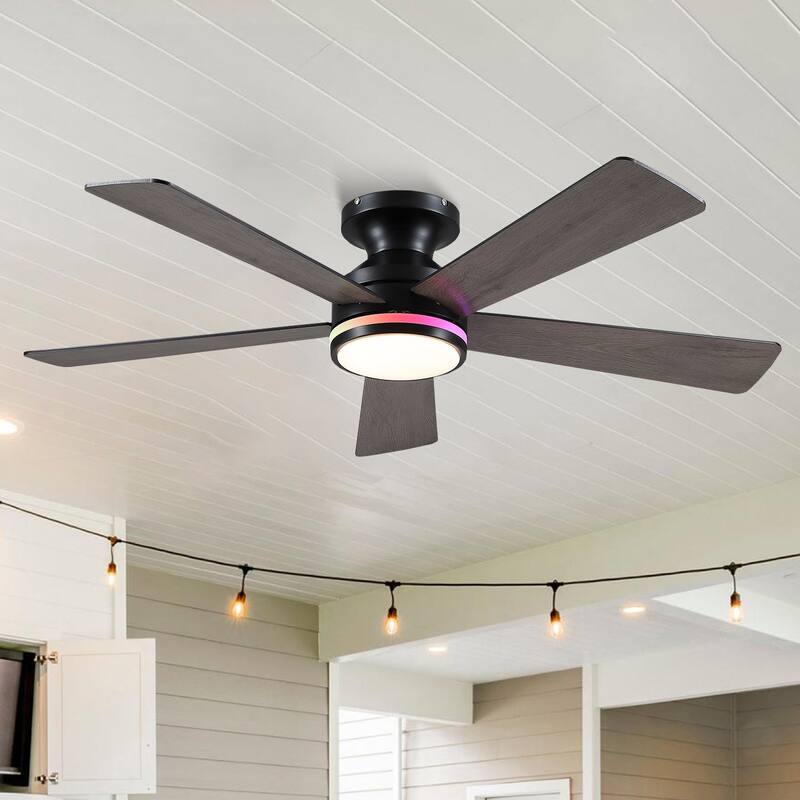 46 Inch Flush Mount Ceiling Fan with Light 5 Reversible Dual Side Blades for Bedroom,Living Room,Patio - 46 Inches