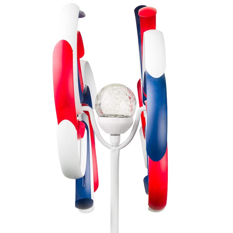 Alpine Corporation 68" Tall Outdoor Solar Powered Patriotic Dual Windmill Spinner Stake Yard Decoration, Red, White, and Blue