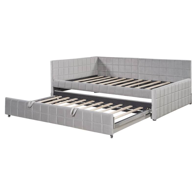 Full Size L-Shaped Daybed with Twin Trundle and USB Ports and Upholstered Storage Bed (650lbs Capacity)