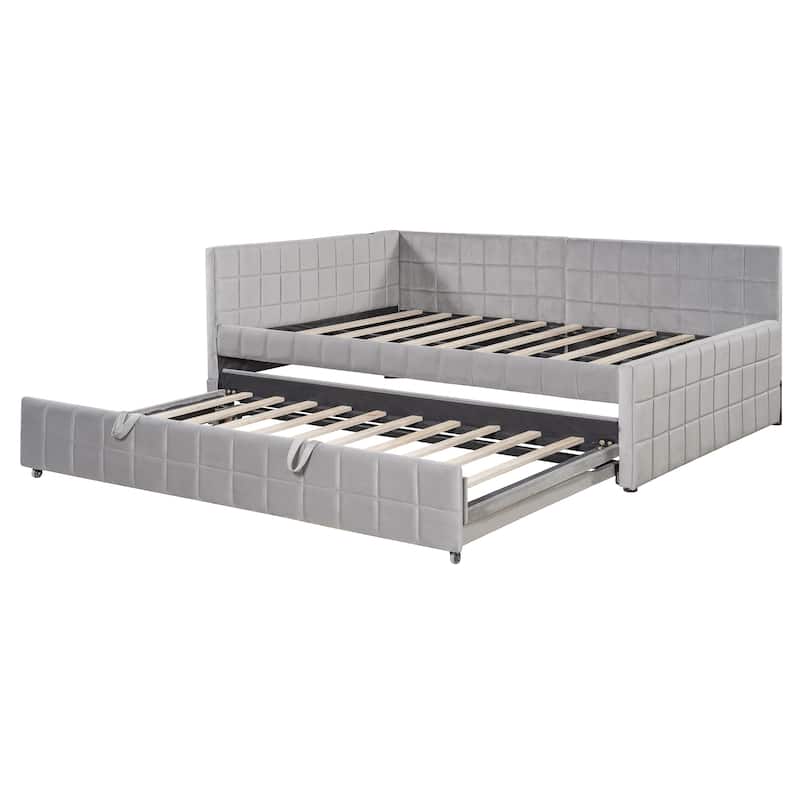 Full-Size Upholstered L-Shaped Daybed With Twin Pop-Up Trundle And USB Charging Ports.