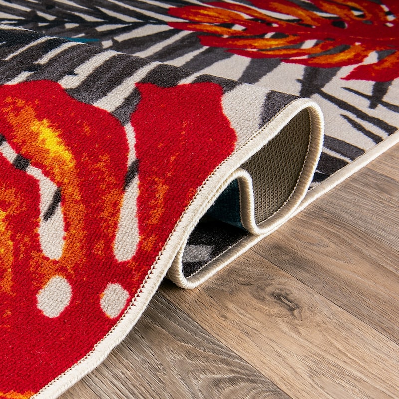 Contemporary Tropical Floral Leaves Non Slip Area Rug