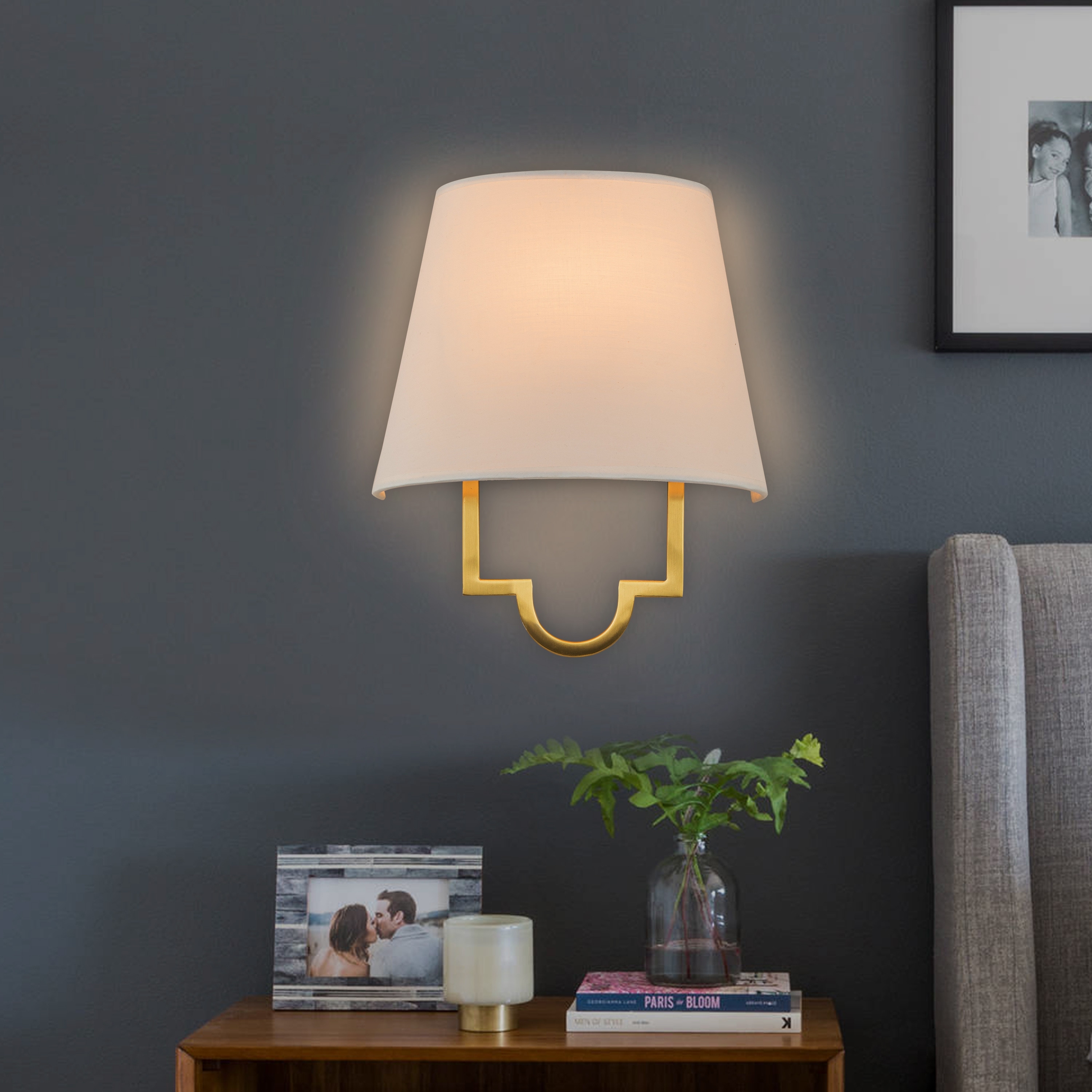 C Cattleya 1-Light Gold Hardwired/ Plug-in Dimmable Fabric Wall Sconce