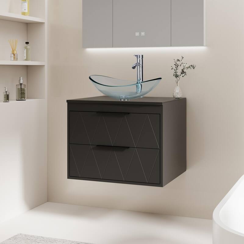 Modern Wall Mounted Bathroom Vanity Set with Vessel Sink & Faucet - black-24 in - 24-2 Glass clear boat sink