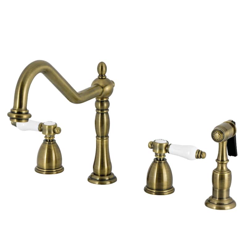 Kingston Brass Heritage Porcelain Kitchen Faucet with Side Spayer - 16'' (L) x 9-1/16'' (W) x 9-3/8'' (H) - Antique Brass