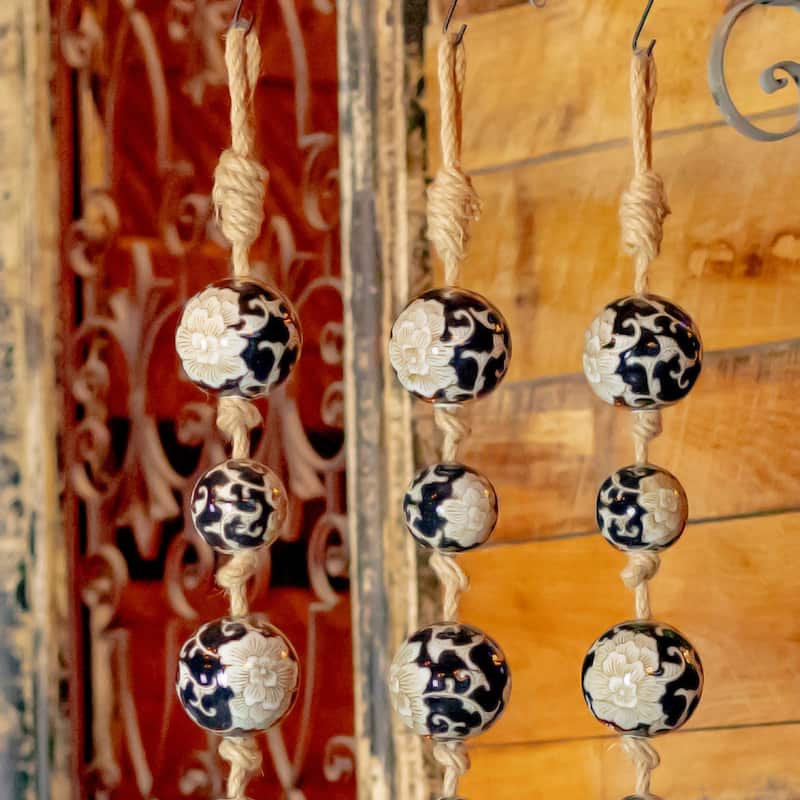 74" Long Porcelain Tsugo Ball Garland in Black and White "Chihiro" - 4" x 4" x 74"