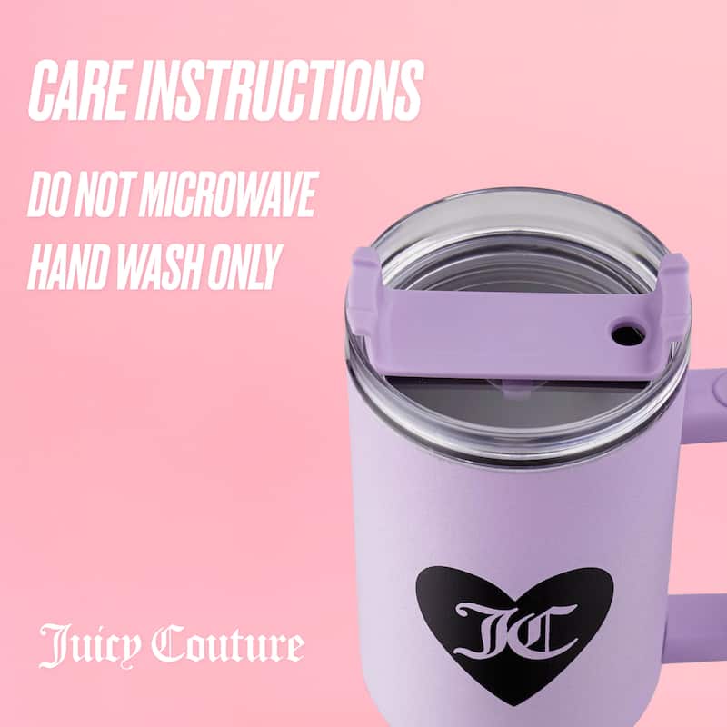 Juicy Couture Jetsetter Hydration Stainless Steel Tumbler with Handle and Straw With Topper