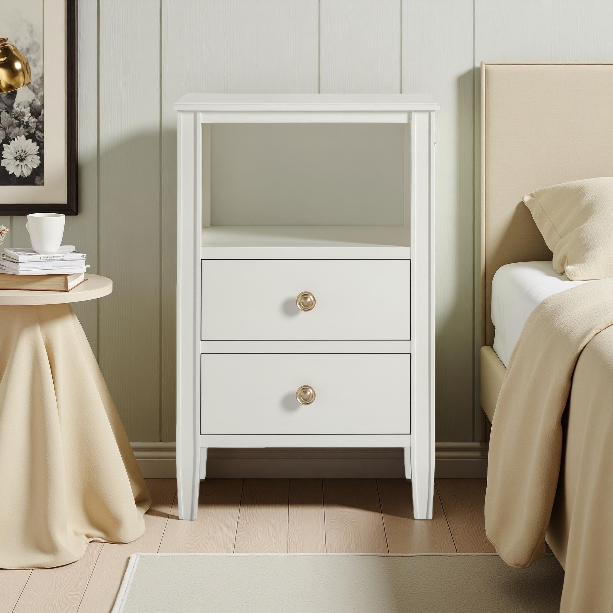 17"L Winston 2-Drawer Vintage Nightstand with Brushed Gold Knobs & Open Shelf