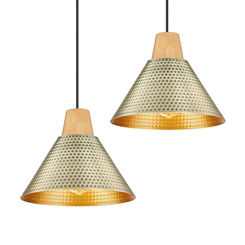 10" Gold Pendant Lights, Hammered Metal Shade - 2 Pack