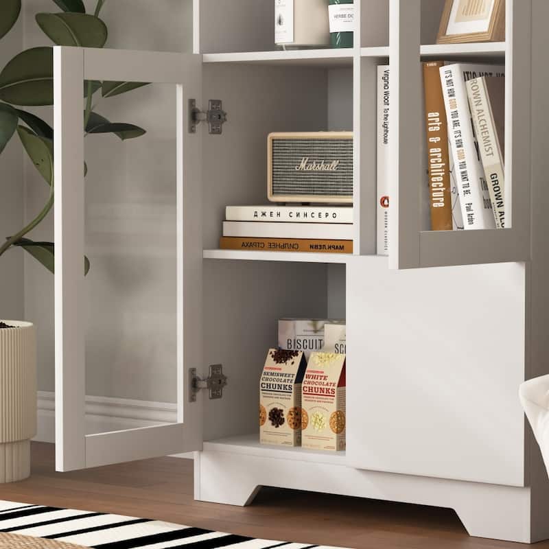 Wooden Floor Cabinet with 2 Glass Doors and 2 Storage Space