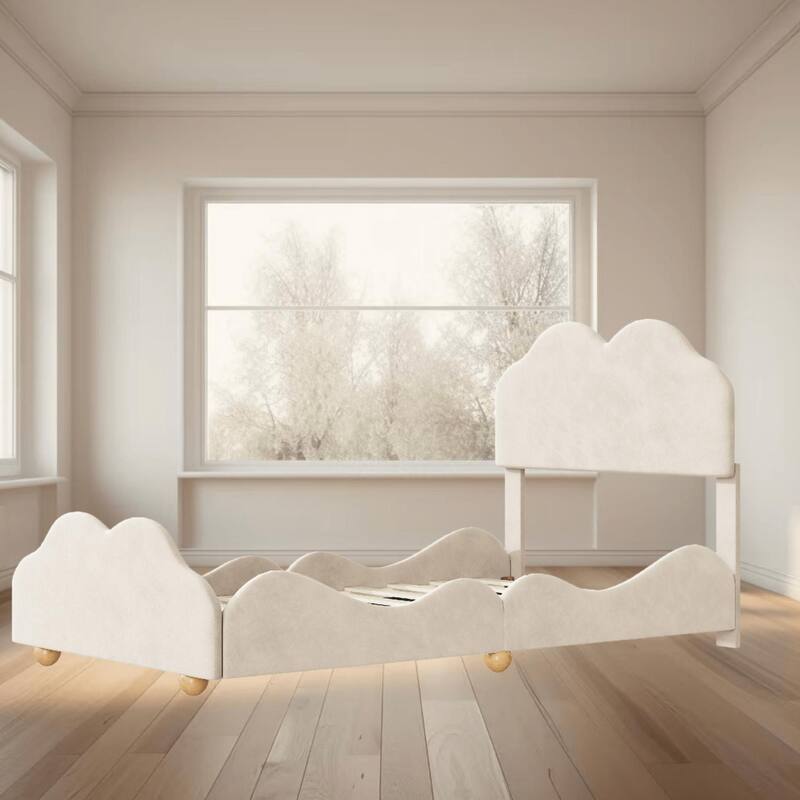 Charming Twin Size Velvet Upholstered Platform Bed Frame with Cloud Shaped Headboard and Sturdy Wooden Frame for Bedroom - Beige - Twin