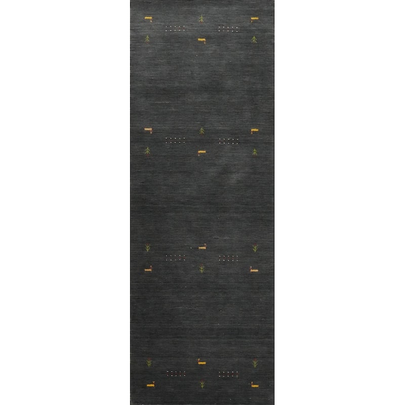 Hand Knotted Oriental 100% Wool Carpet Tribal Animal Pictorial Greys & Charcoal Gabbeh Runner Rug - 8' 7'' X 2' 8''