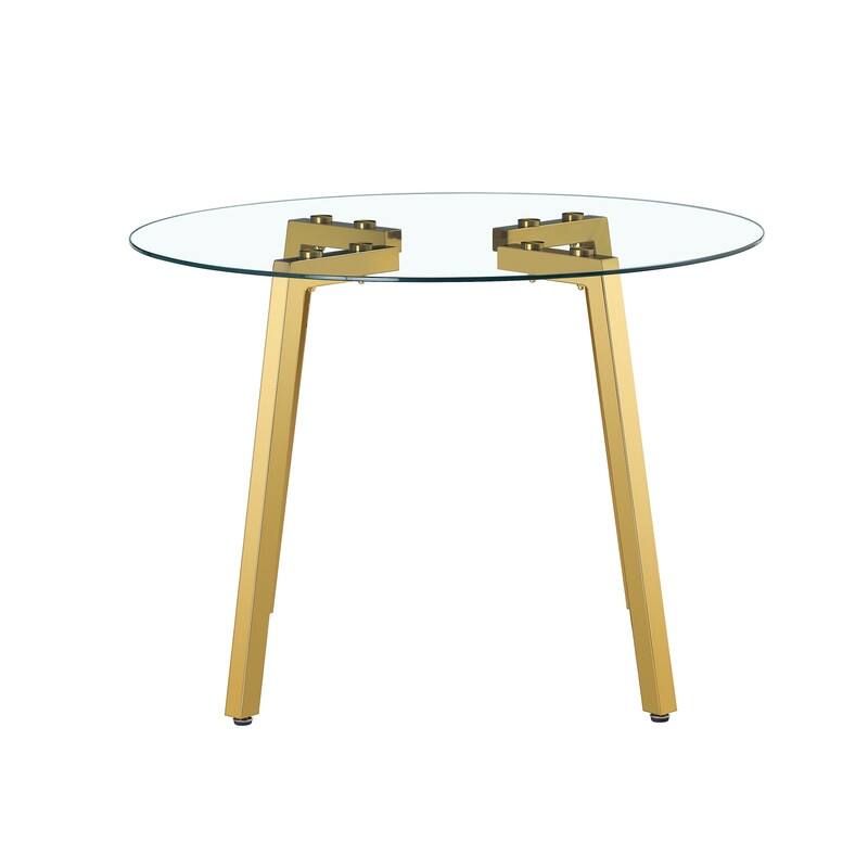 Modern 42" Round Transparent Tempered Glass Table with Golden Metal Base for Kitchen, Dining & Living Room
