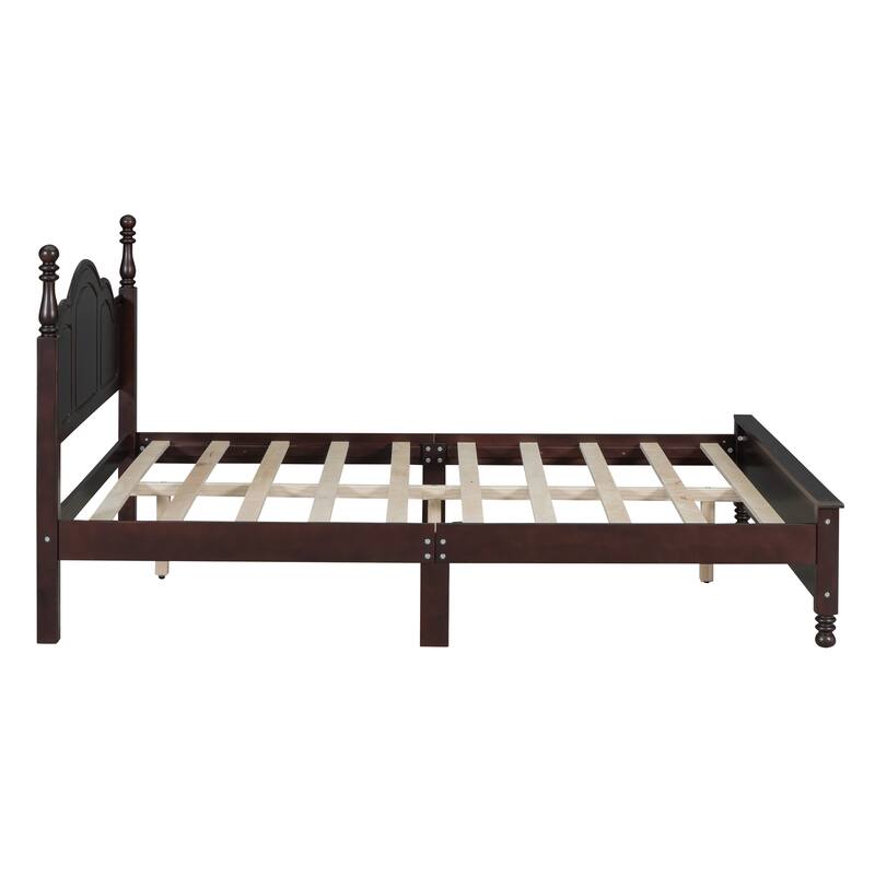 Queen Size Wood Platform Bed Frame, Retro Style Platform Bed with Wooden Slat Support, Dark Walnut