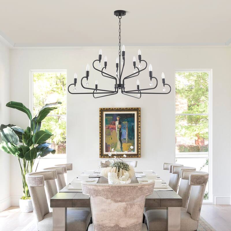 12-Light Black Metal Chandelier with Adjustable Chain