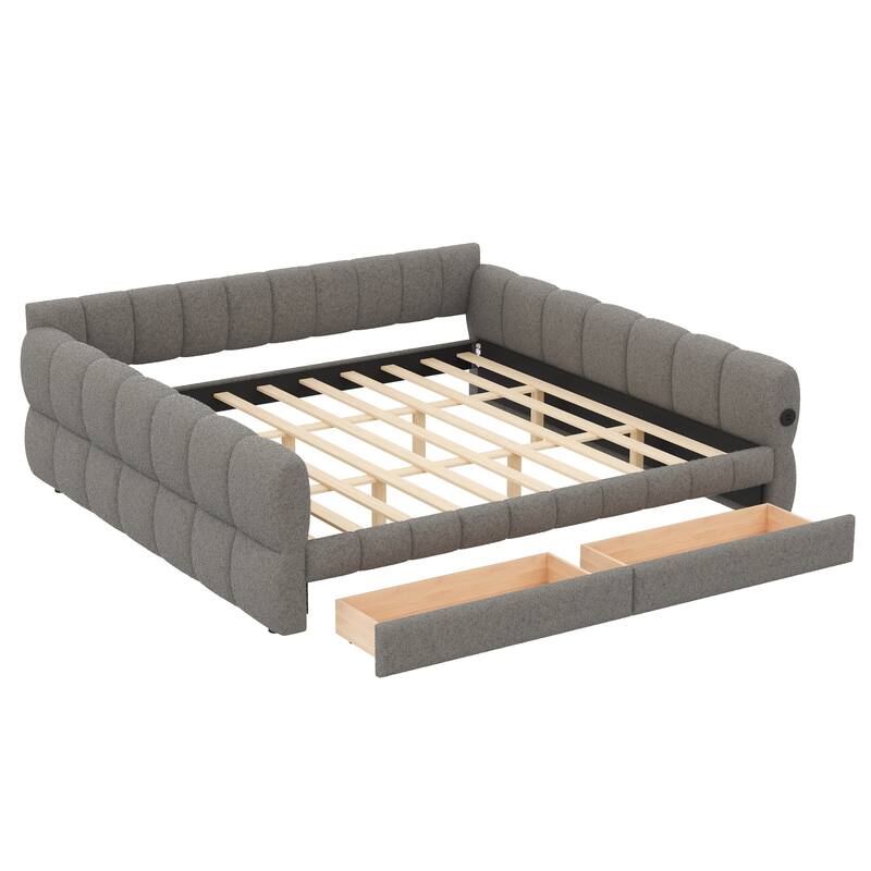 Upholstered Daybed with USB and Optional Platform Storage Bed with 2 Storage Drawers or Low Profile Sofa Bed with Trundle Bed