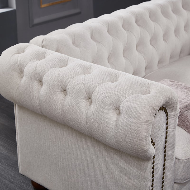 Beige Linen Fabric Chesterfield Sofa, 88x37x28 inches
