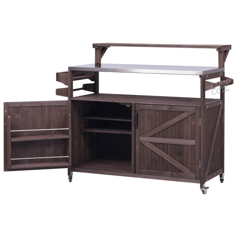 53.3" Outdoor Kitchen Island with Stainless Steel Top, Raised Shelf Solid Wood Storage Cabinet Outdoor Rolling Grill Cart