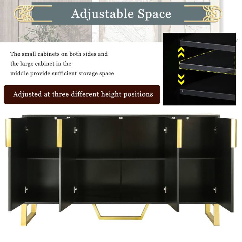 Contemporary Sideboard Cabinet with Gold Metal Legs and Adjustable Storage Shelves