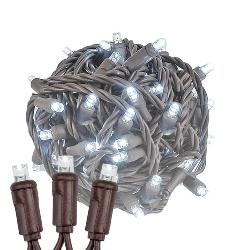 50 Light LED Christmas Mini Light Set, Patio Lights, Warm White, Brown Wire, 11’ - White