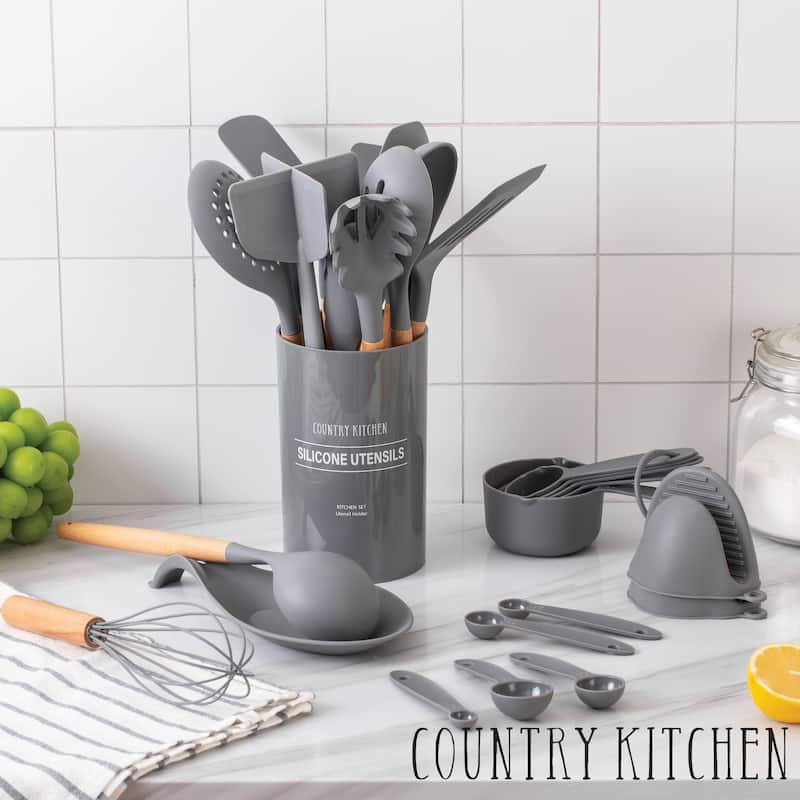 Country Kitchen Non Stick Silicone Utensil Set with Rounded Wood Handles for Cooking and Baking, 38 Piece Set
