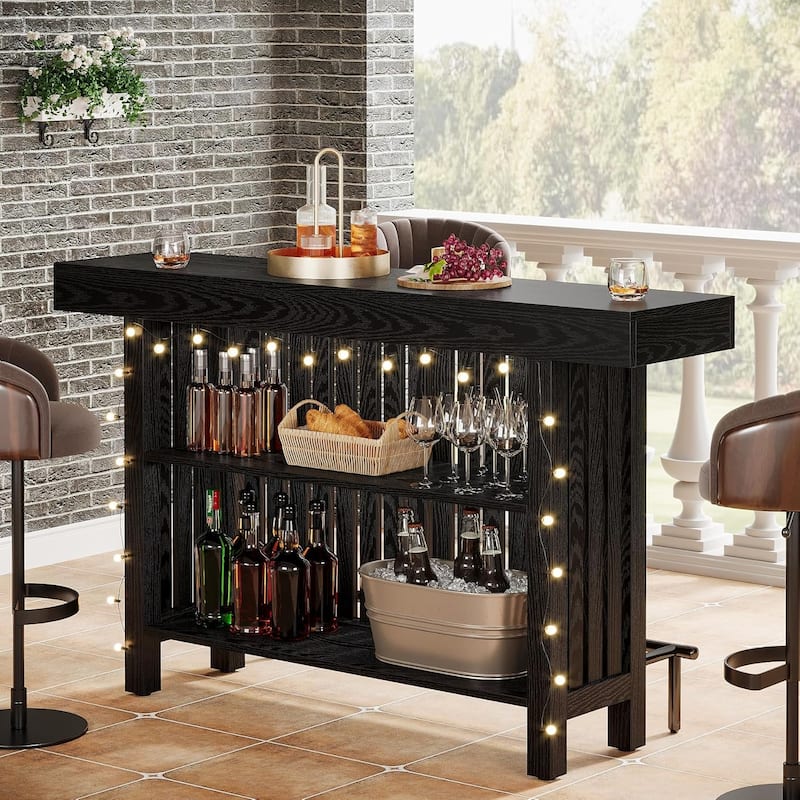 63" Modern Black Home Bar Unit -2-Tier Mini Bar Table with Footrest, Tall Pub Table for Kitchen, Bistro, Dining Room