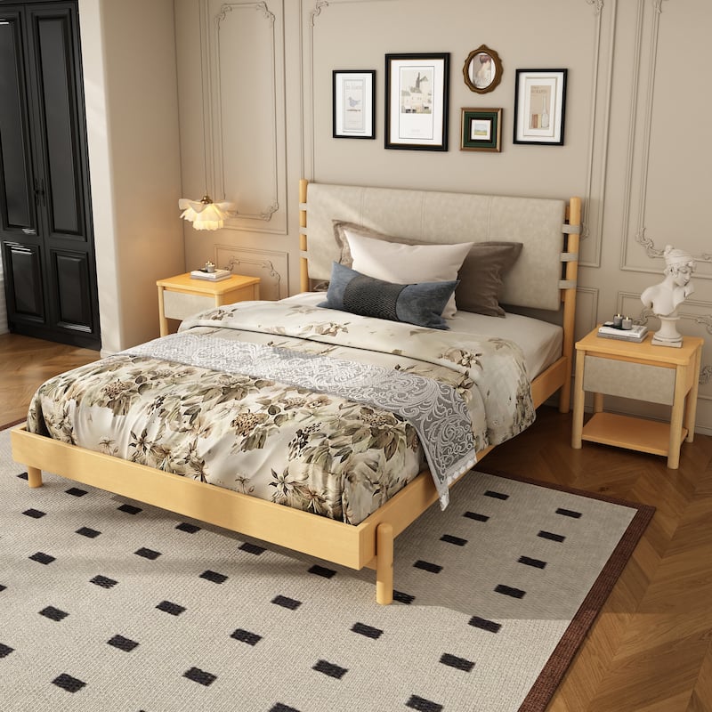 Modern Solid Wood Bed Frame Set with 2 Nightstands, Low Profile Platform Bed with Headboard and Matching Bedside Tables - Beige,Natural - Queen