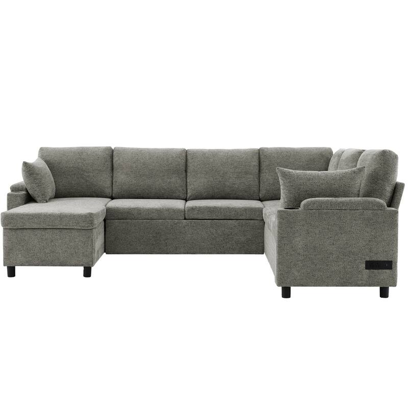 U-Shaped Chenille Sectional Sofa with Storage Chaise Lounge, Convertible Sleeper Sofa Bed with Cup Holders & Charging Ports