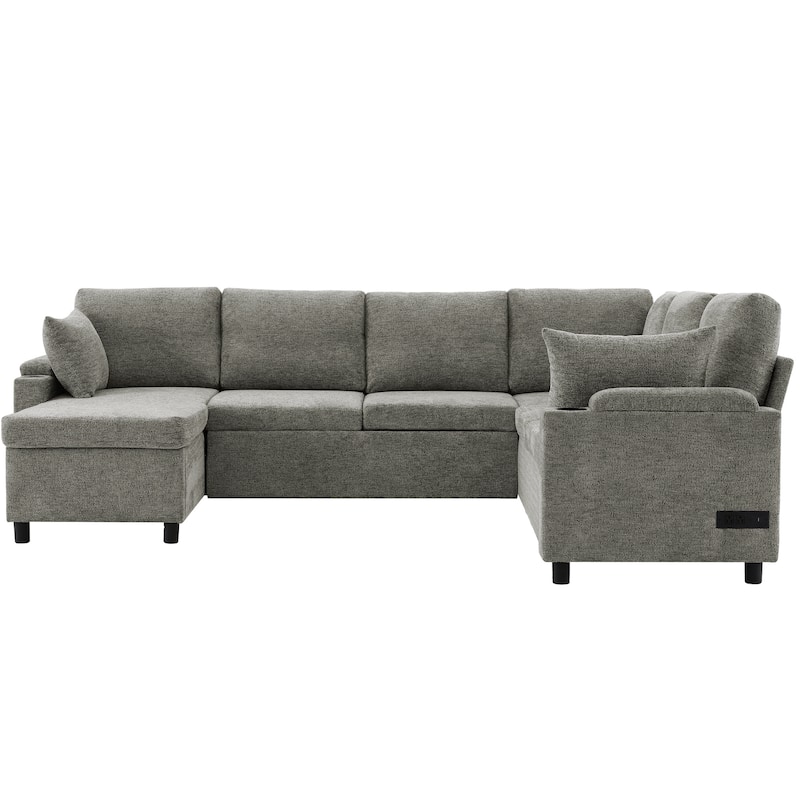 U-shaped Sofa, Chenille Sectional Sofa with 2 Cup Holders and Charging Ports Livingroom Sleeper Recliner Sofa Couch