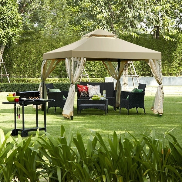 10 x 10 Ft Outdoor Gazebo with Tan Brown Polyester Canopy and Mesh