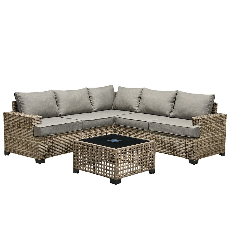 OVIOS 6 Pieces T shaped Seat Wide Armrest Set With Solar-Powered Coffee Table