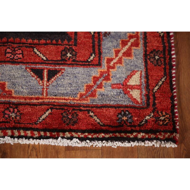 Geometric Hamedan Persian Vintage Runner Rug Hand-Knotted Wool Carpet - 3'5"x 9'9"