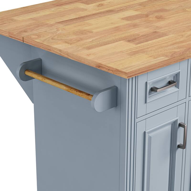 Kitchen Island with Drop Leaf, Adjustable Shelf, Spice Rack, Towel Rack, 2 Doors and 5 Drawers