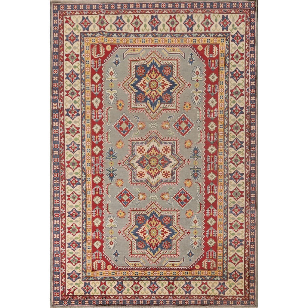 Geometric Kazak Area Rug Hand-Knotted Grey Wool Carpet - 6'11" x 9'10"