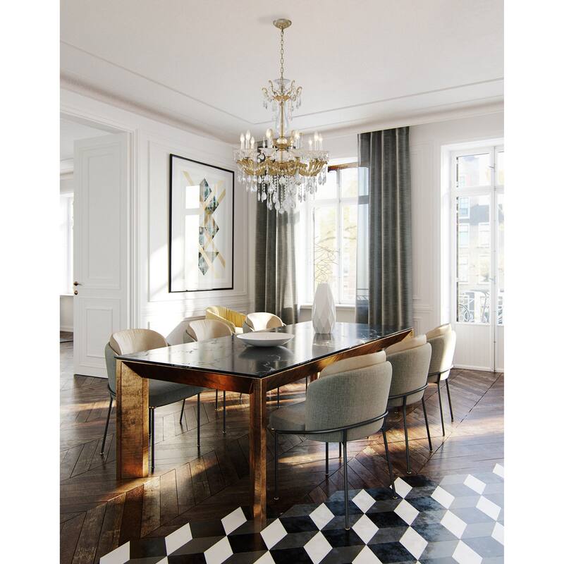 10-Light Satin Brass Metal Chandelier With Clear Hanging Crystals