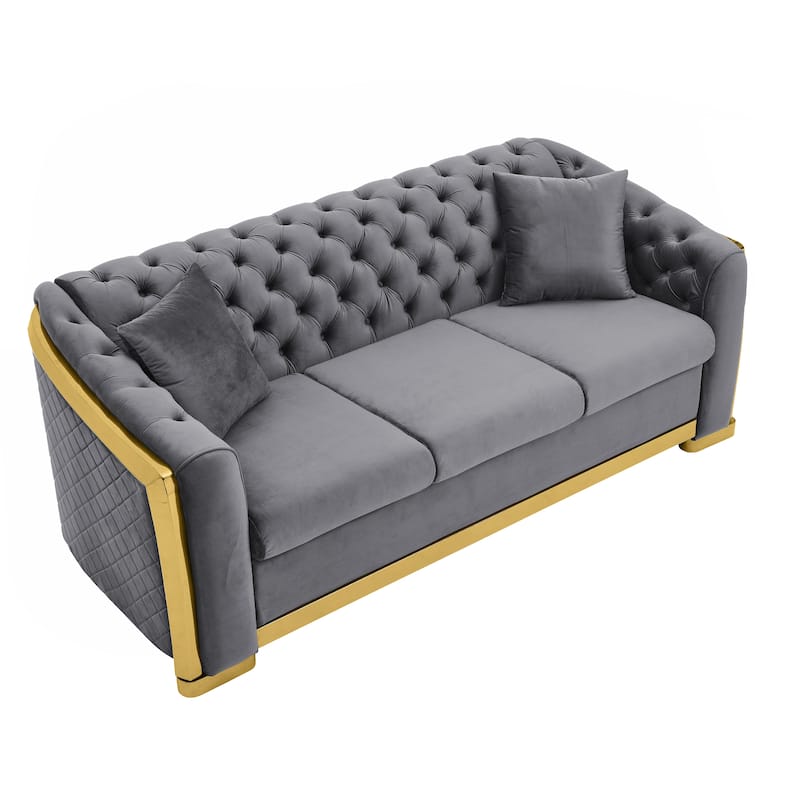 Velvet Chesterfield Sofa Set - 3-Seat Tufted Couch with Gold Stainless for Living Room